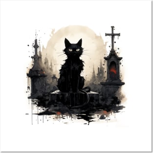 Nocturnal Guardian - Black Cat at the Cemetery Posters and Art